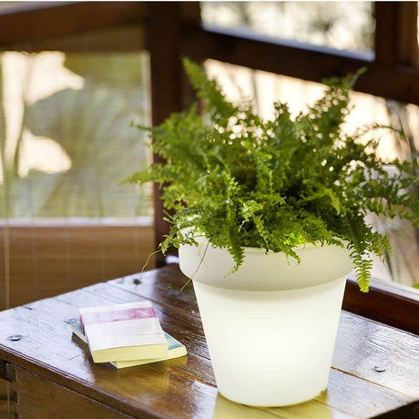 Oplyst urtepotte Magnolia Mini med en plante på et bord, ideel til atmosfærisk havebelysning.