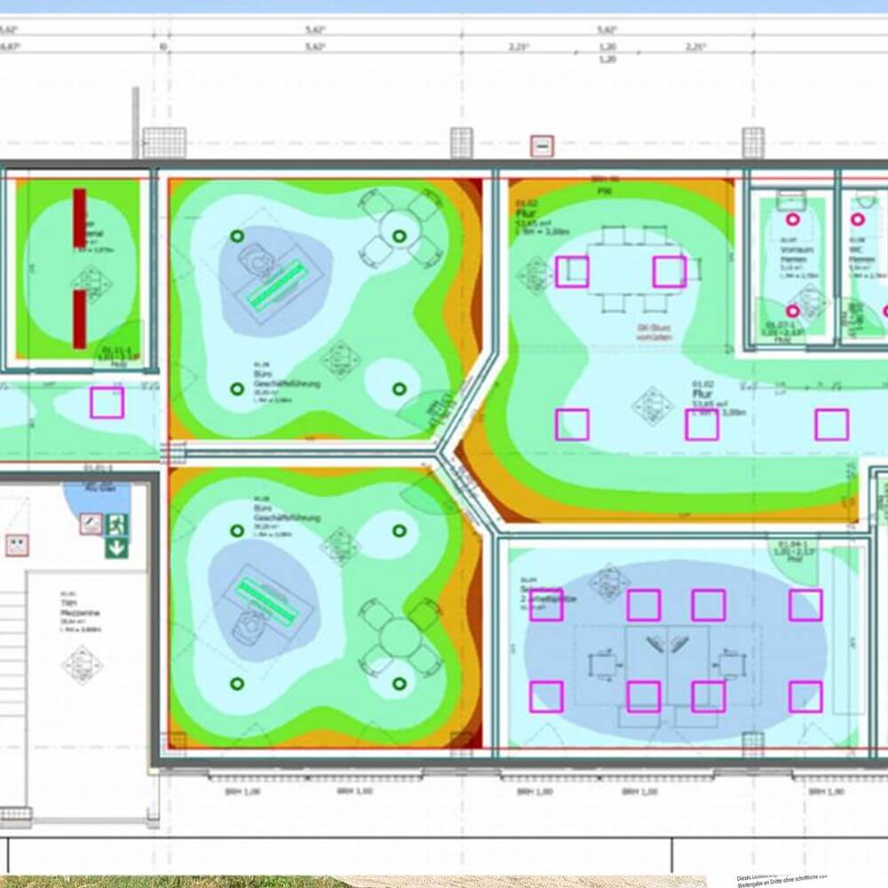 Lichtberechnung Plan zur optimalen Lichtstärke und Beleuchtungsgestaltung in Wohnräumen.