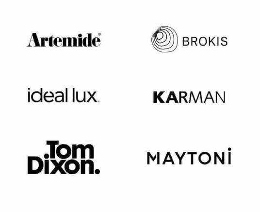 Logos von Artemide, Brokis, ideal lux, KARMAN, Tom Dixon und MAYTONI auf weißem Hintergrund.