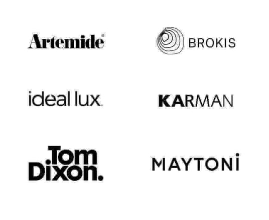 Logos von Artemide, Brokis, ideal lux, KARMAN, Tom Dixon und MAYTONI auf weißem Hintergrund.