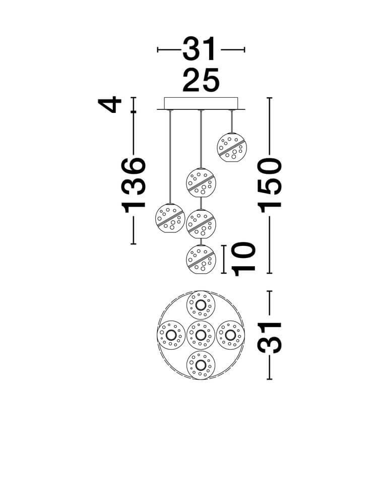 Licio LED Pendelleuchte 5-flammig Ø 31cm 3000K Gold technische Zeichnung mit Maßen und Aufbau