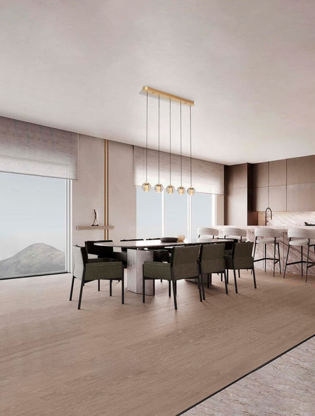 Licio pendant light bar 84cm 5-light 3000K gold in a modern dining area with elegant furnishings