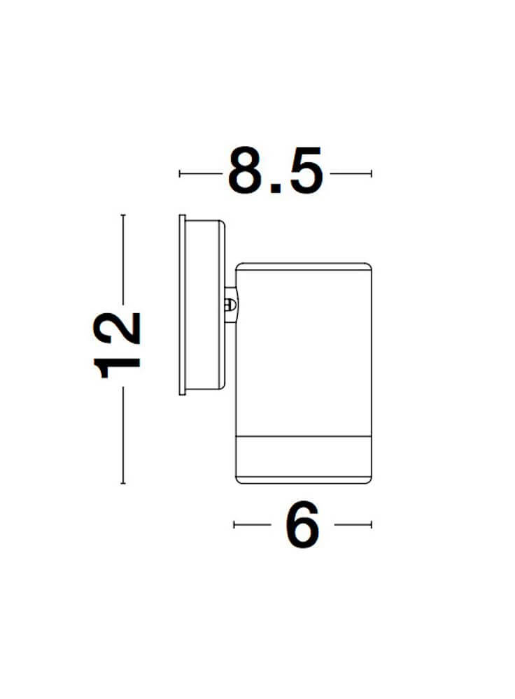 Maßzeichnung der Limbio Außenwandleuchte H 12cm GU10 Down IP54, Abmessungen 12cm hoch, 8.5cm breit, 6cm tief.