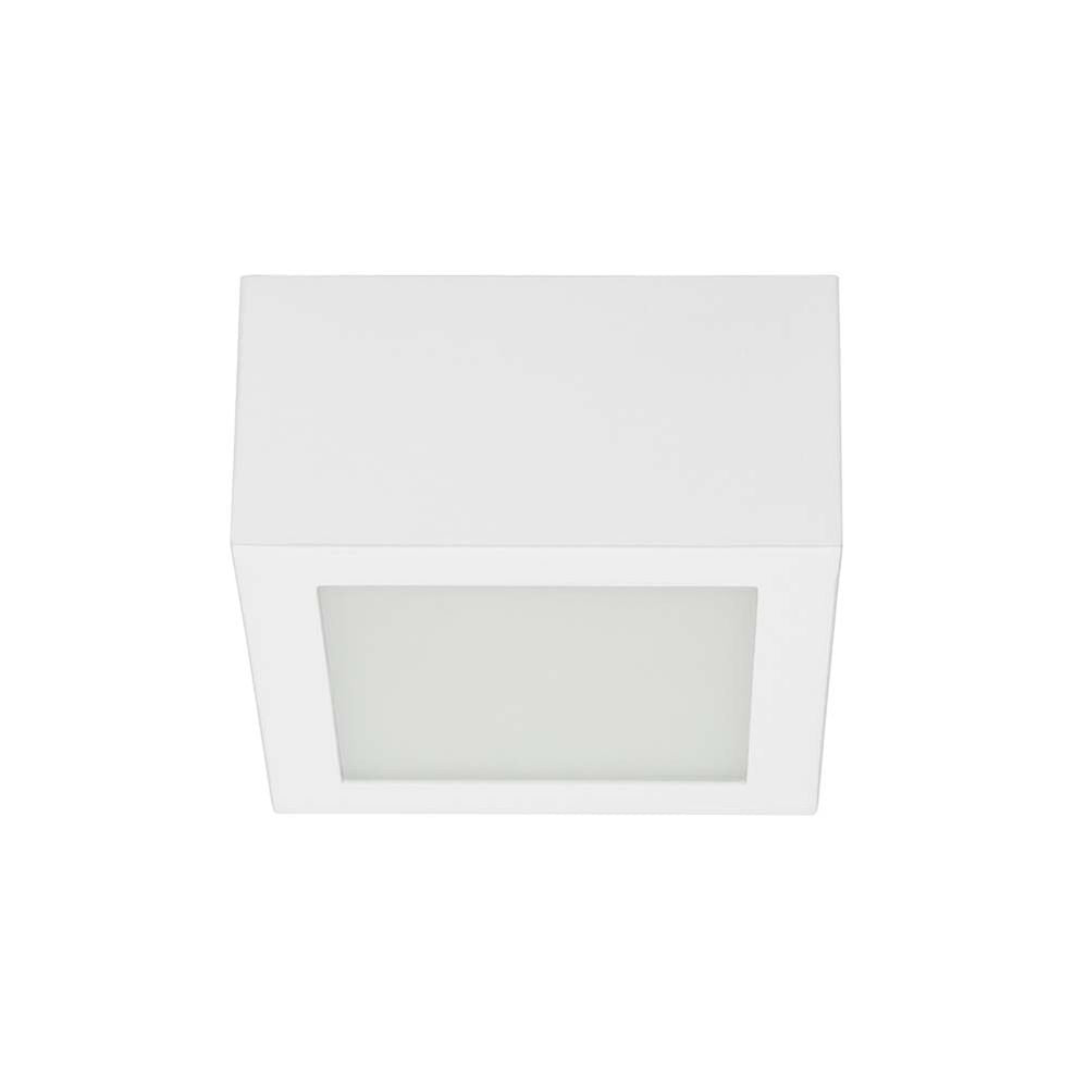 Box SQ LED-Deckenleuchte Small mit sandgestrahltem Diffusor und verchromtem Metallkörper.