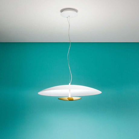 Horizon P LED pendant light in a modern design with gold accents and bright light on a turquoise background.