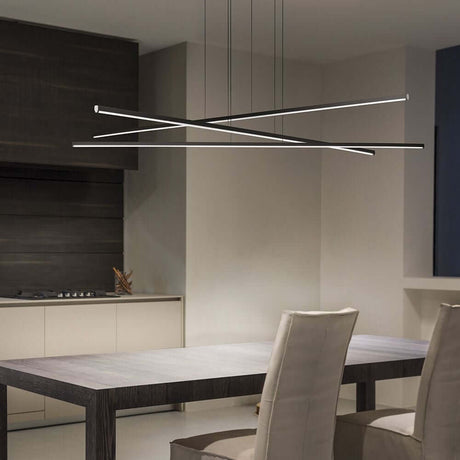 Straight P3 LED pendant light Large above a modern dining table in an elegant kitchen.
