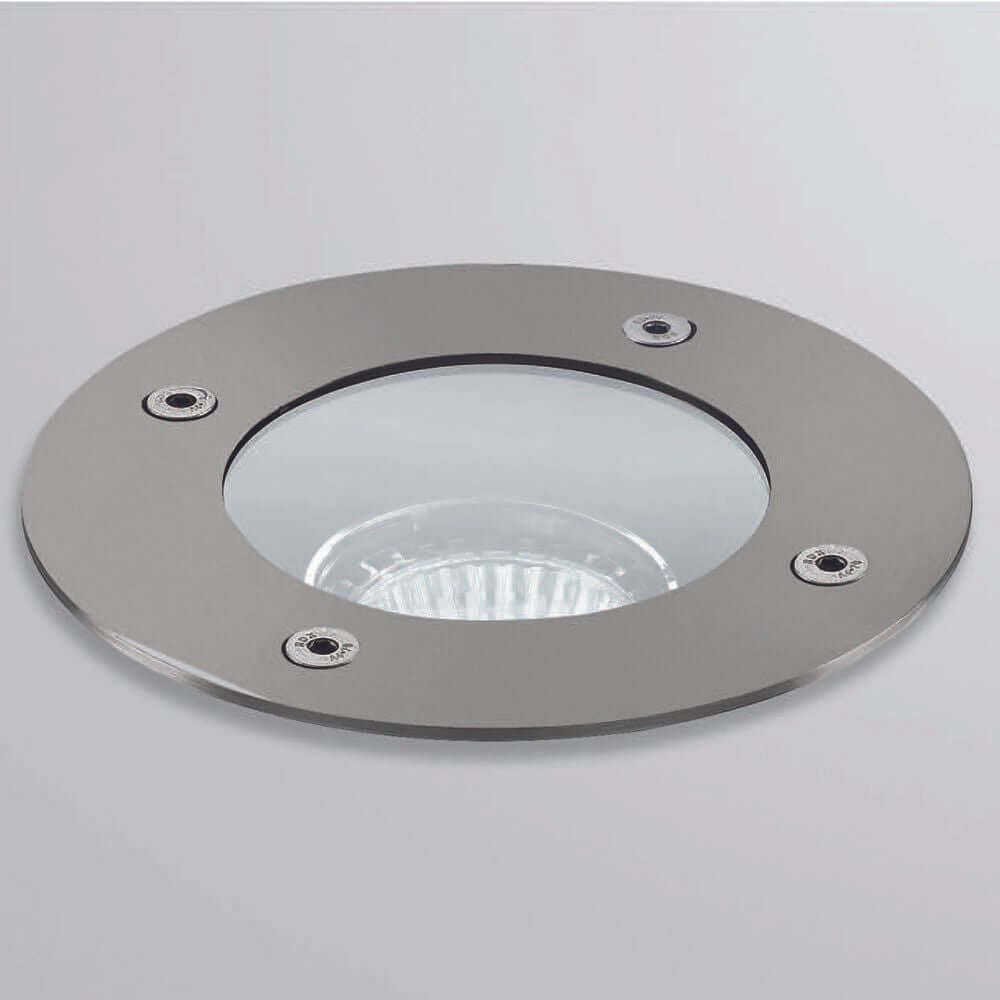 Texo RJ Uplights: modernes, rundes Design mit Edelstahl-Finish und klarer Linse für stilvolle Beleuchtung.