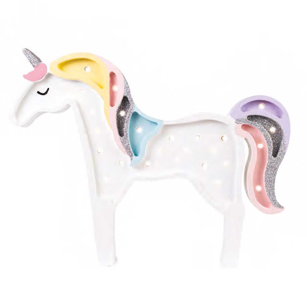 Holzlampe Einhorn mit Regenbogenhaaren und funkelnden Strähnen für eine magische Atmosphäre.