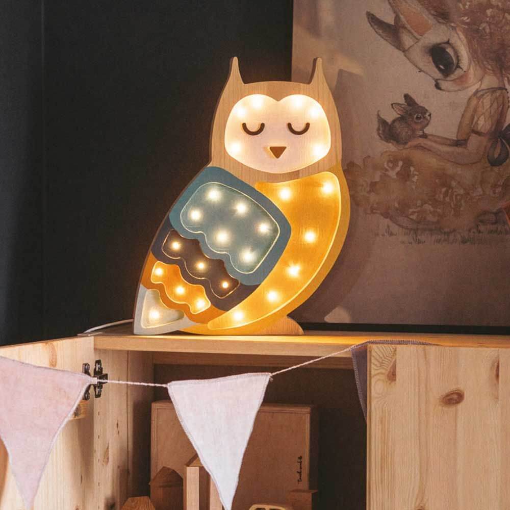 Holzlampe Eule von Little Lights mit Dimmer und Timer für Kinderzimmer.