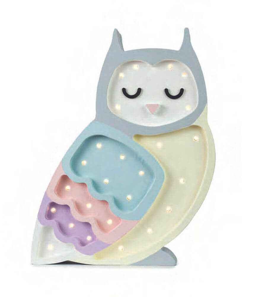 Kinder Wand- & Tischleuchte Eule mit Dimmer, Holzlampe in sanften Farben für stimmungsvolles Licht.