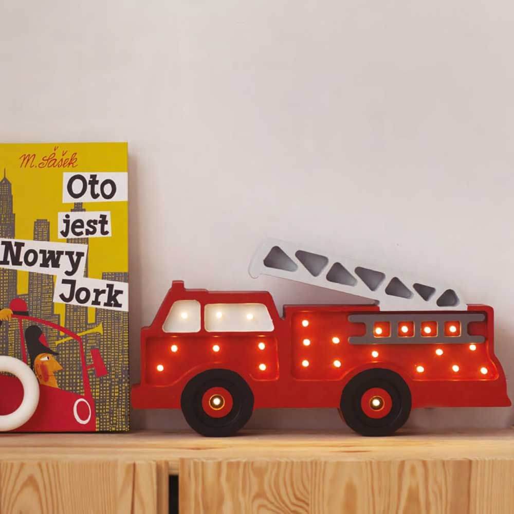 Kinder Wand- & Tischleuchte Feuerwehr, Holzlampe in Form eines roten Feuerwehrautos mit Dimmer.