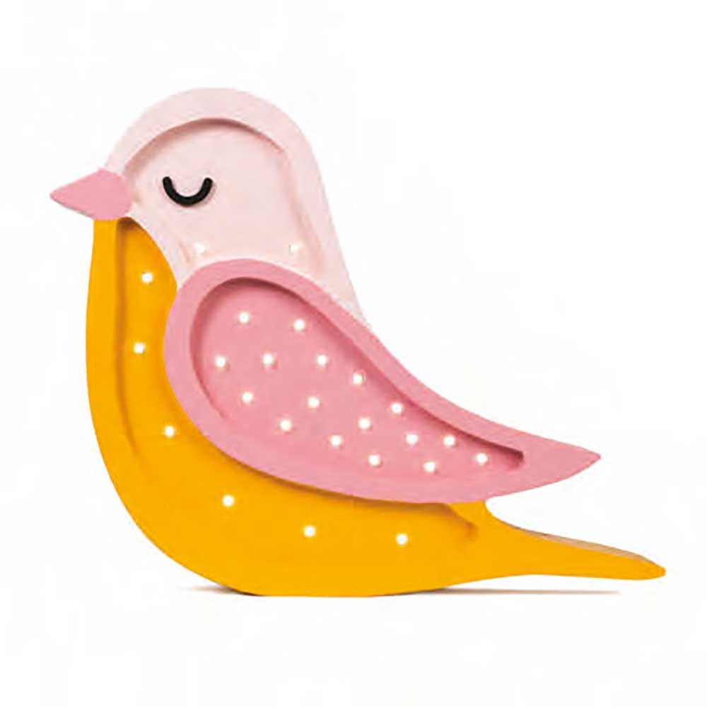Bunte Holzlampe in Form eines Vogels mit Dimmer und Timer-Funktion, ideal für Kinderzimmer.