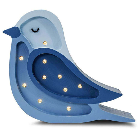 Kinder Wand- & Tischleuchte Kleiner Vogel S in blauer Holzoptik mit Dimmer und Fernbedienung.