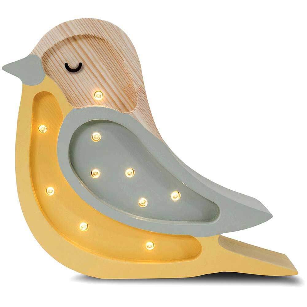 Holzlampe in Form eines Vögels mit dimmbarem Licht und Timer, ideal für Kinderzimmer.