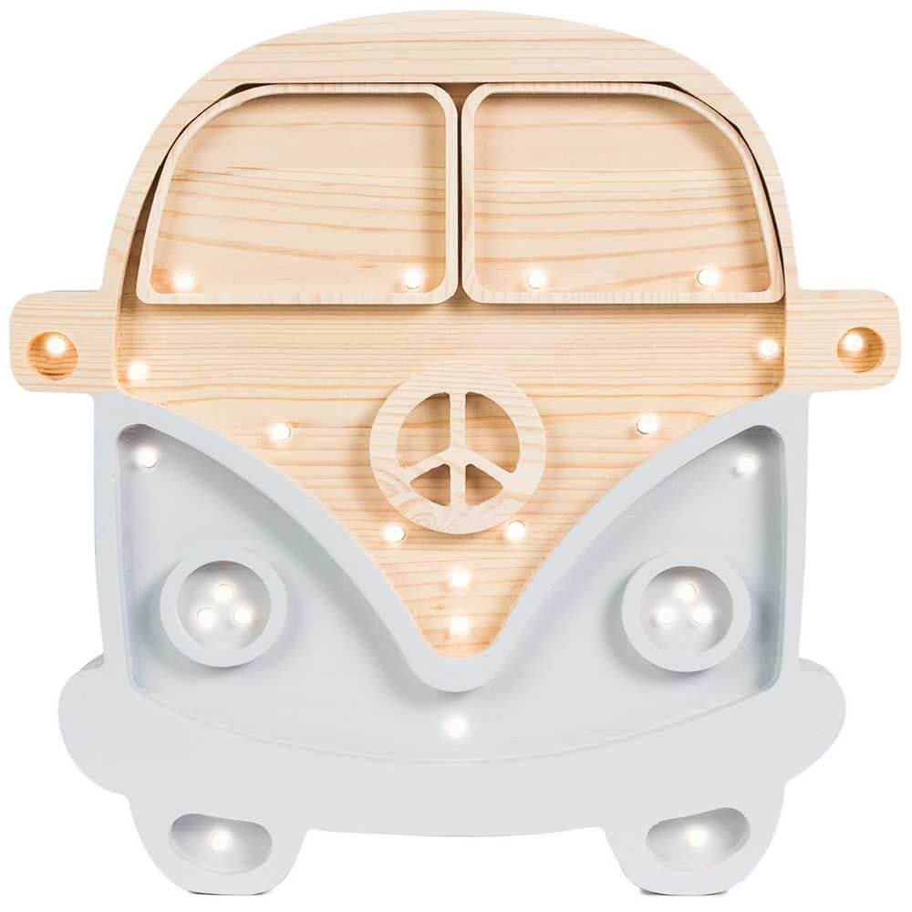 Kinder Wand- & Tischleuchte Van in Form eines Holz-Vans mit dimmbaren Lichtern.