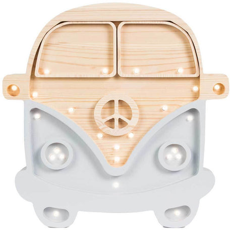 Kinder Wand- & Tischleuchte Van in Form eines Holz-Vans mit dimmbaren Lichtern.