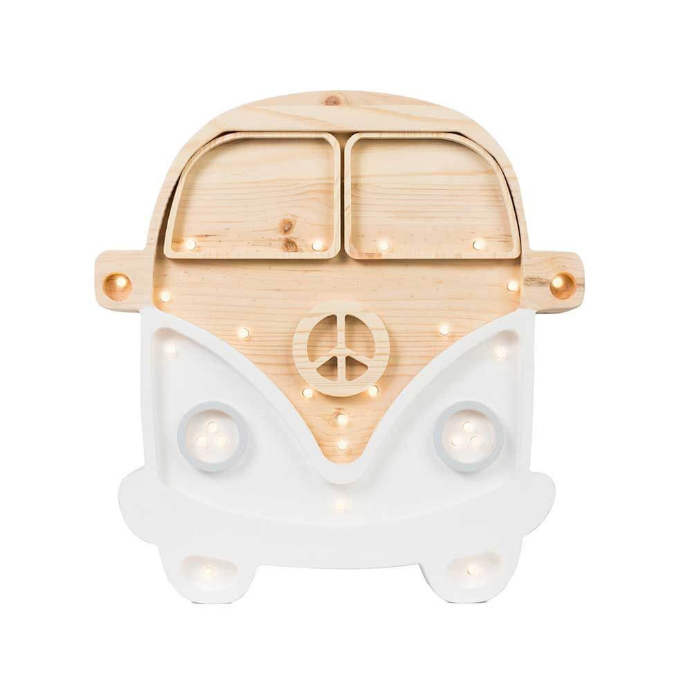 Kinder Wand- & Tischleuchte Van in Form eines Holz-Vans mit integrierten Lichtern.