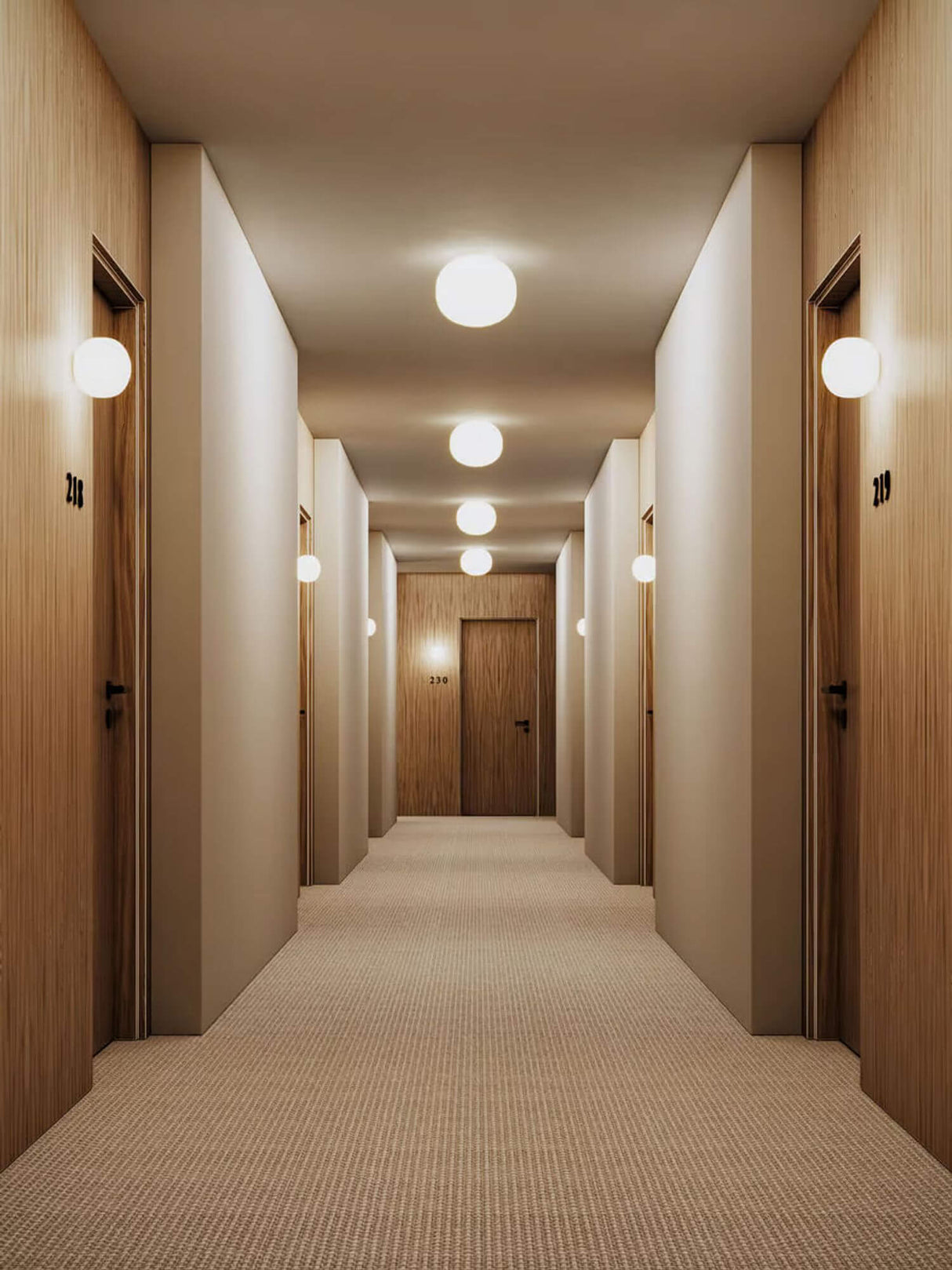 Heller Flur mit Holzvertäfelung und Lodes Volum LED Wand- & Deckenleuchte Dimmbar IP54 Weiß an den Wänden.