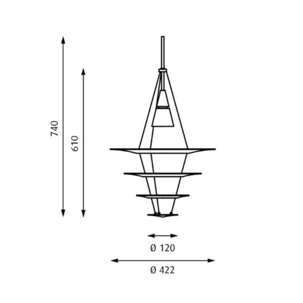 Technische Zeichnung der Louis Poulsen Enigma Pendelleuchte mit den Abmessungen Ø 120 mm und Ø 422 mm.