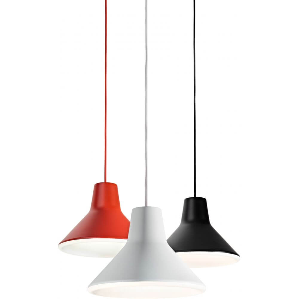 Luceplan Archetype Retro LED Pendelleuchte 10W 2700K in rot, weiß und schwarz, ideal für zeitgemäße Interieurs.