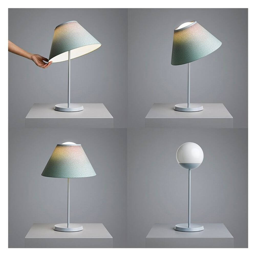 Luceplan Cappuccina LED Tischlampe (Body) Dimmbar 12W 2700K in vier Perspektiven, mit besonderem Fokus auf den einzigartigen Lampenschirm.