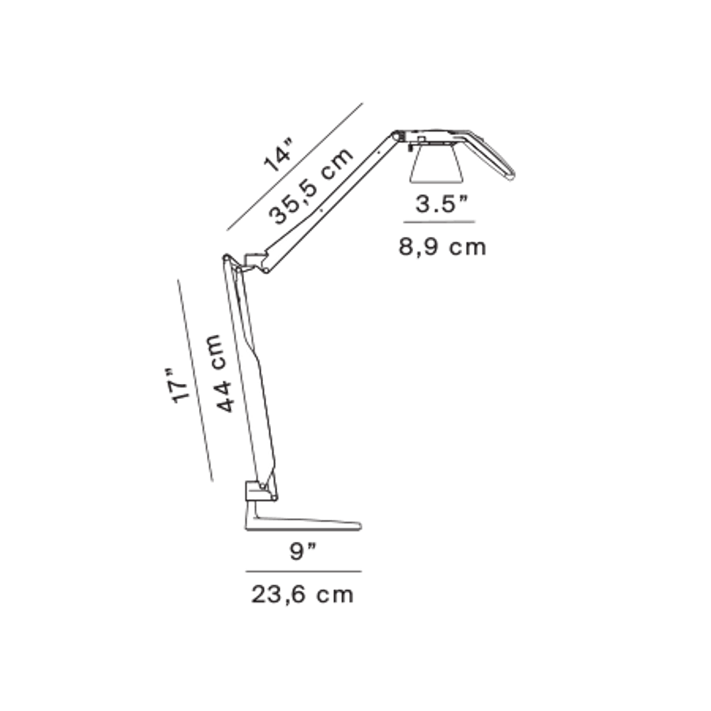 Luceplan Fortebraccio LED Tisch- & Wandleuchte (Körper) 3000K Diagramm mit Abmessungen und Lichtstrahl-Einstellungen.