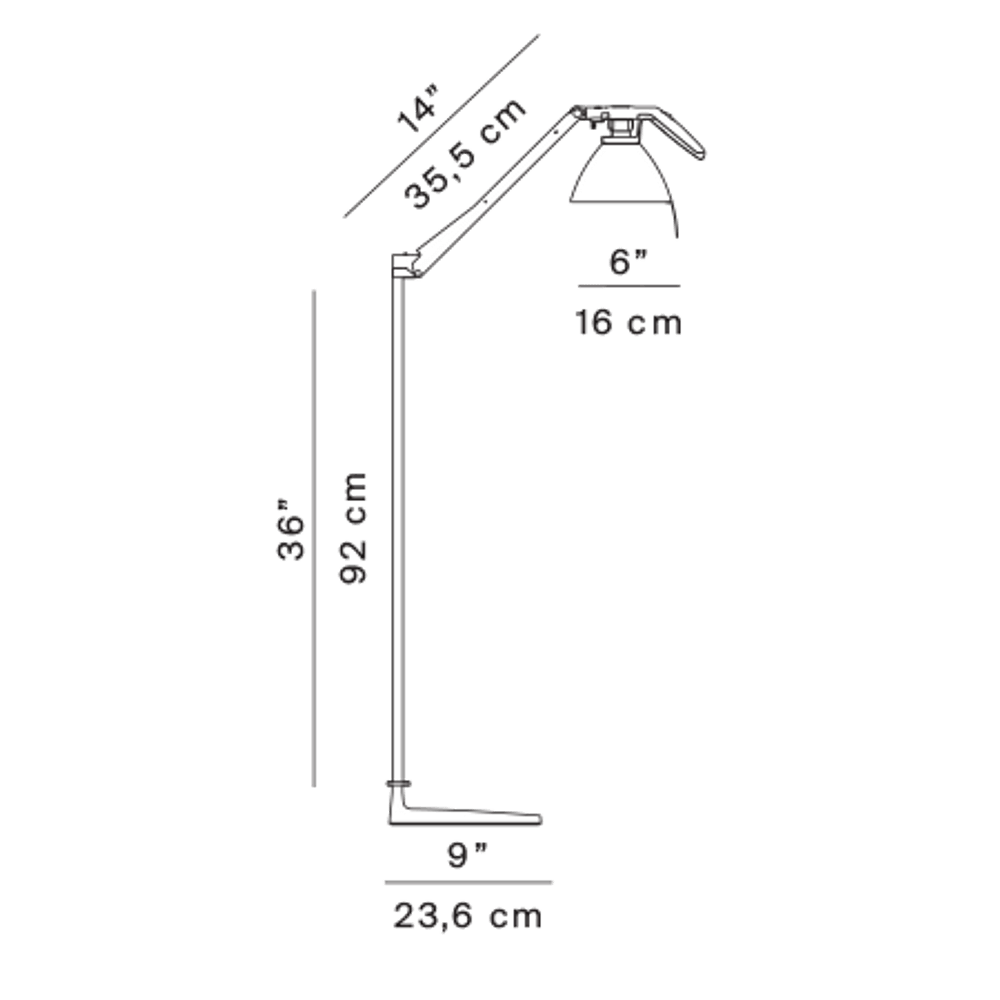 Maßzeichnung der Luceplan Fortebraccio Stehlampe 92cm (Körper) mit Abmessungen in cm.