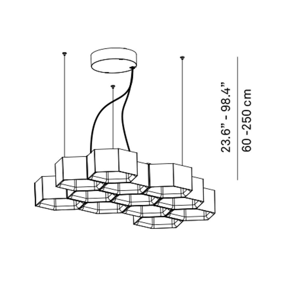 Luceplan Honeycomb LED Hängeleuchte mit 12 Waben 3000K Weiß in technischer Zeichnung, Maße 69-245 cm.
