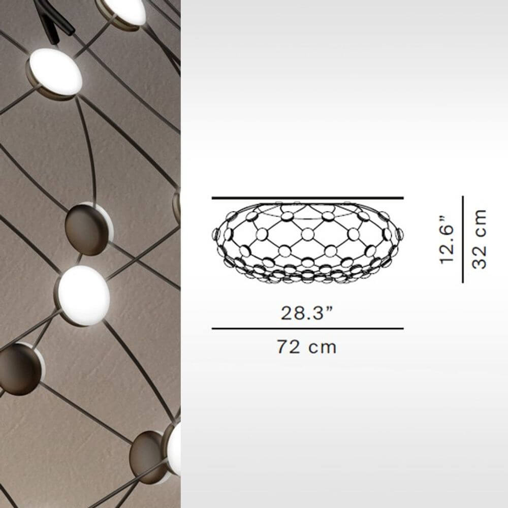 Luceplan LED Deckenlampe Mesh Ø 72cm mit Maßen und Design-Details in Schwarz.