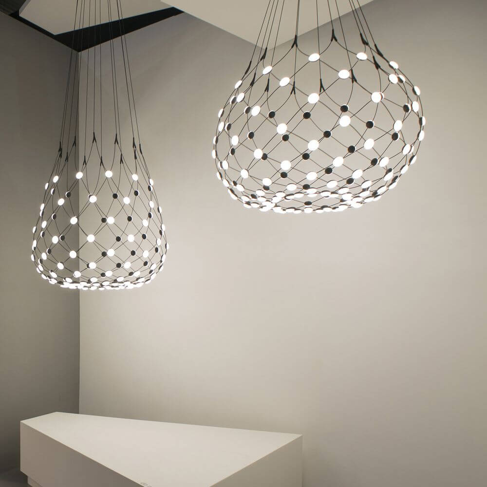 Luceplan LED Hängelampe Mesh Ø 80cm, max. 300cm, moderne Innenbeleuchtung mit flexiblem Drahtgitterdesign.