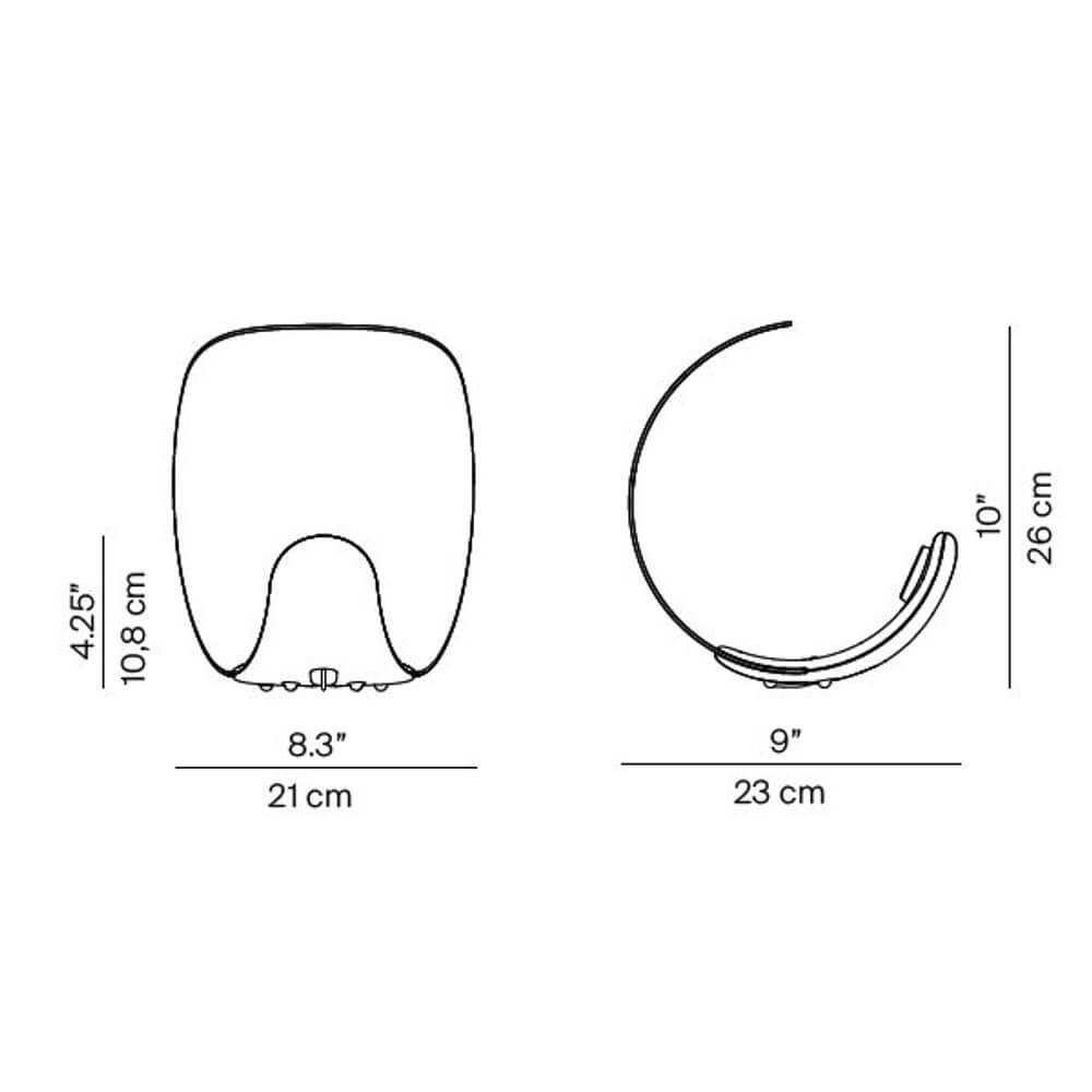 Technische Zeichnung der Luceplan LED Tischlampe Curl Dimmbar mit Maßen in cm und Zoll.