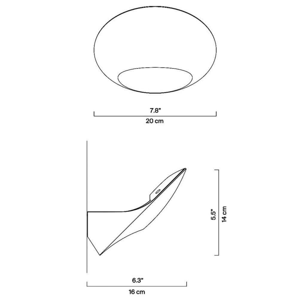 Technische Zeichnung der Luceplan LED Wandlampe Garbi mit Abmessungen für Montage.