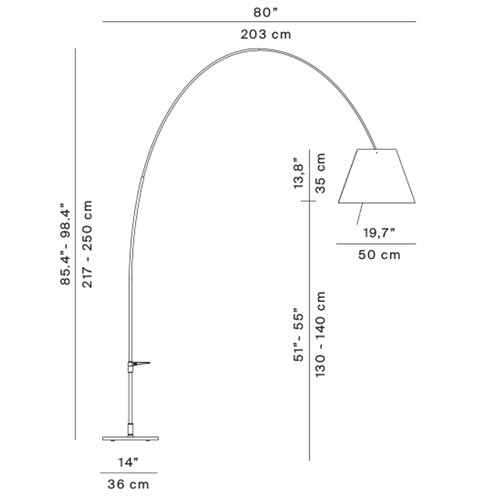 Maßskizze der Luceplan Lady Costanza Bogenlampe mit Dimmer, inklusive Höhe und Abmessungen.