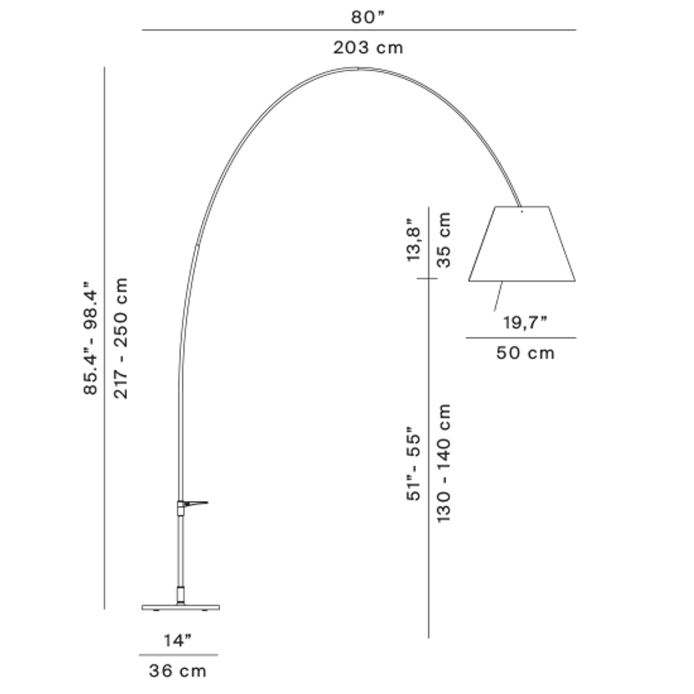 Technische Zeichnung der Luceplan Lady Costanza Bogenlampe mit Dimmer, einschließlich Maßangaben.