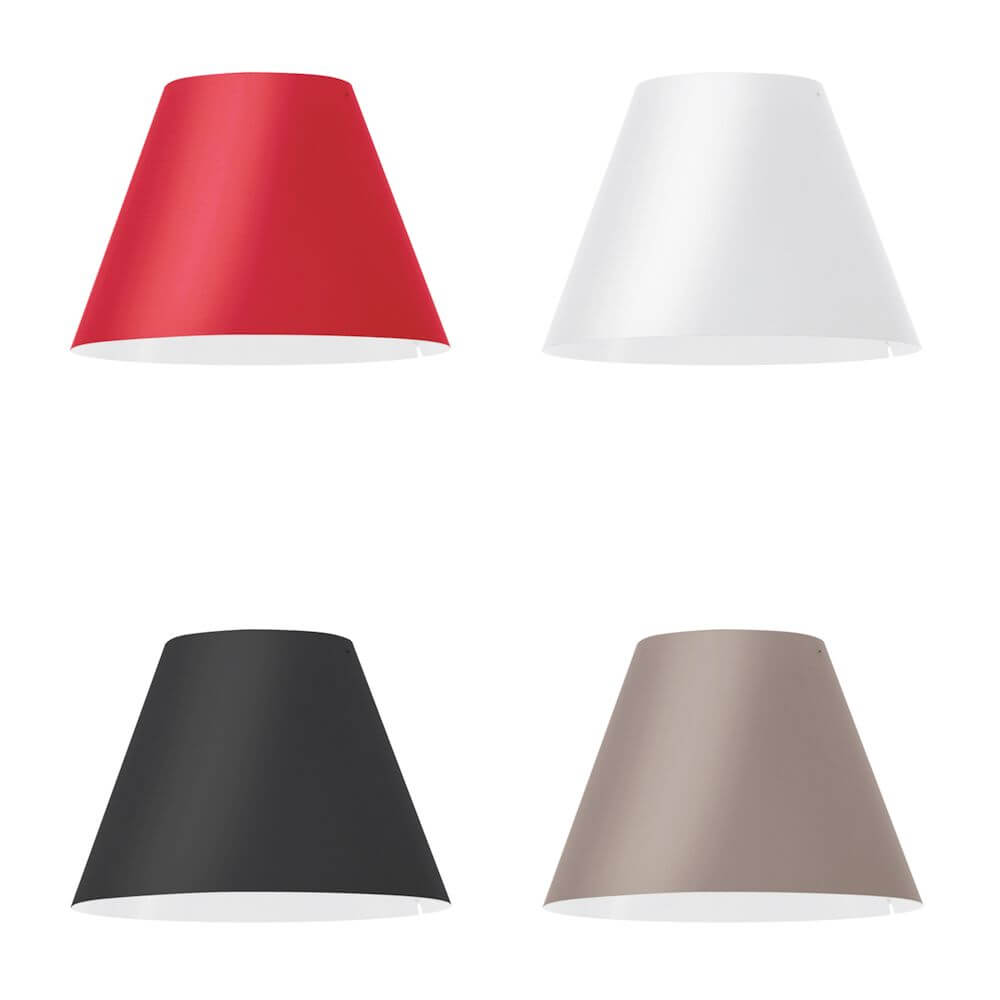 Verschiedene Lampenschirme für Luceplan Lady Costanza Bogenlampe mit Dimmer in Rot, Weiß, Schwarz und Braun.