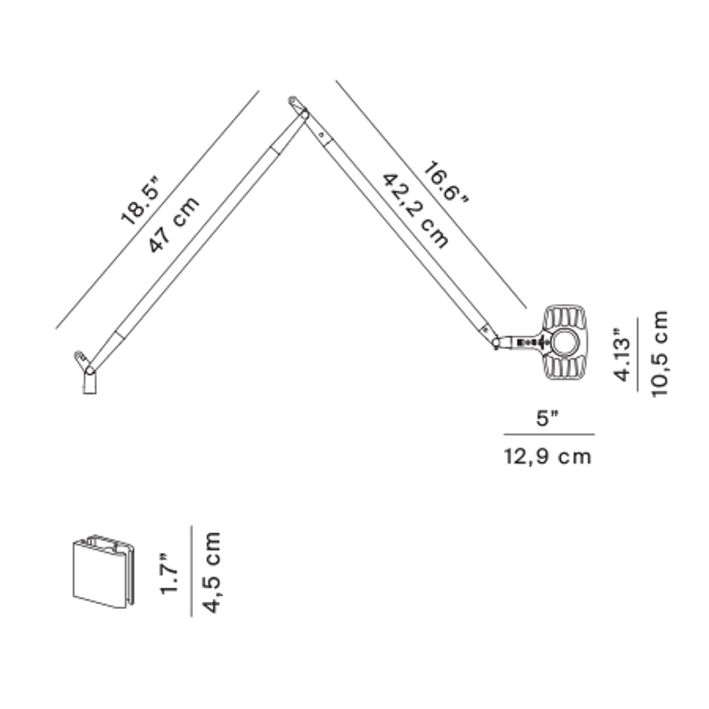 Technische Zeichnung der Luceplan Otto Watt Wandhalterung mit Abmessungen.