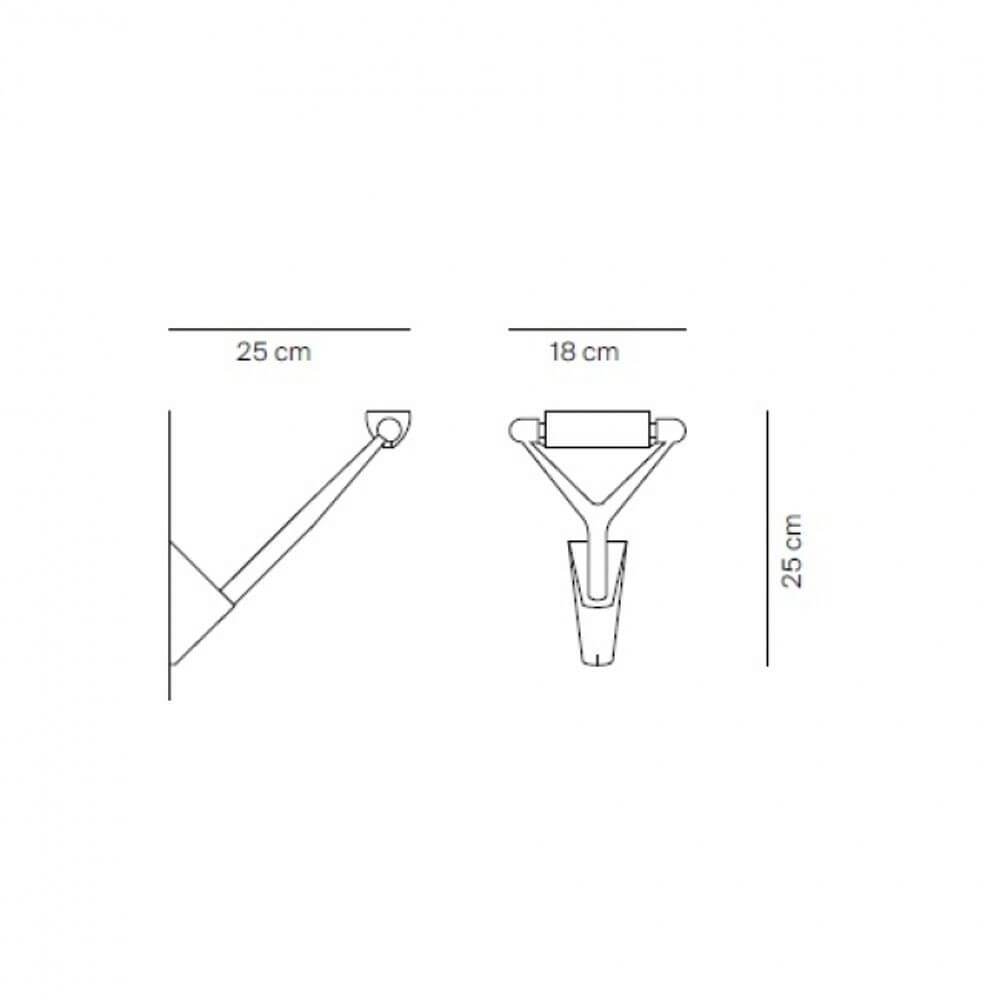 Luceplan Wandlampe Lola Lichtwirkung drehbar, technische Zeichnung mit Maßen 25 cm x 18 cm.