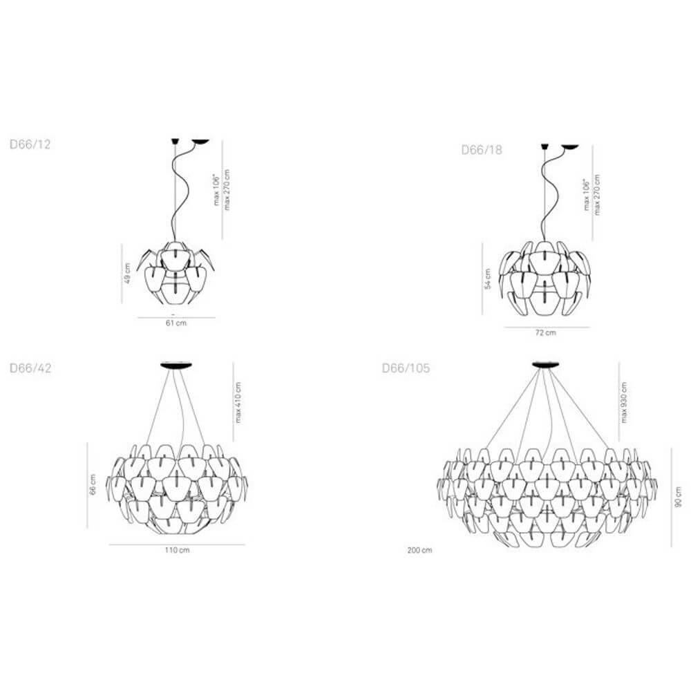 Technische Zeichnung der Luceplan XL Hängelampe Hope Ø 110cm transparent mit Maßen und Details.