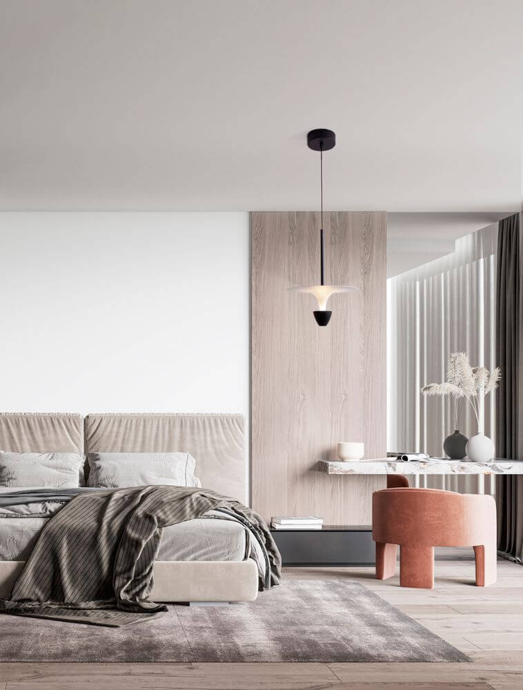 Luet LED Pendelleuchte 3000K Schwarz, Weiß im stilvollen Schlafzimmer mit modernem Design.