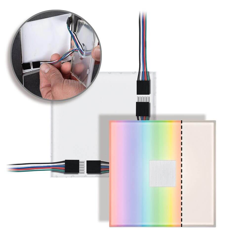 LumiTiles Kabel Square RGBW 1,3m Schwarz mit Anschlussdetails und RGBW-Beleuchtungseffekten.