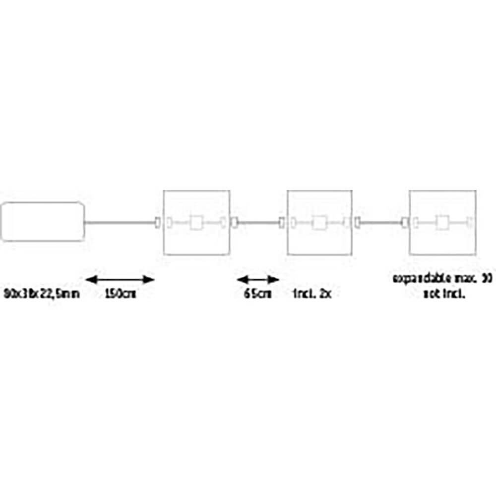 Diagramm der LumiTiles LED Fliesen mit Abmessungen und Verbindungskabeln für Installation.
