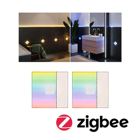 LumiTiles LED carrelage Square lot de 2 en métal blanc dans une salle de bains moderne avec intégration Zigbee