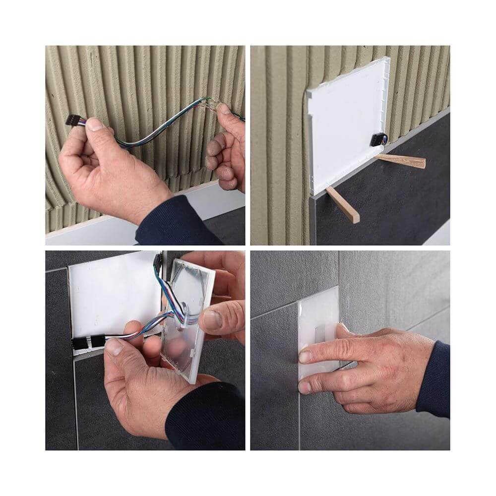 Montageanleitung für LumiTiles LED Fliesen: anschließen, einsetzen und einpassen der Fliesen.