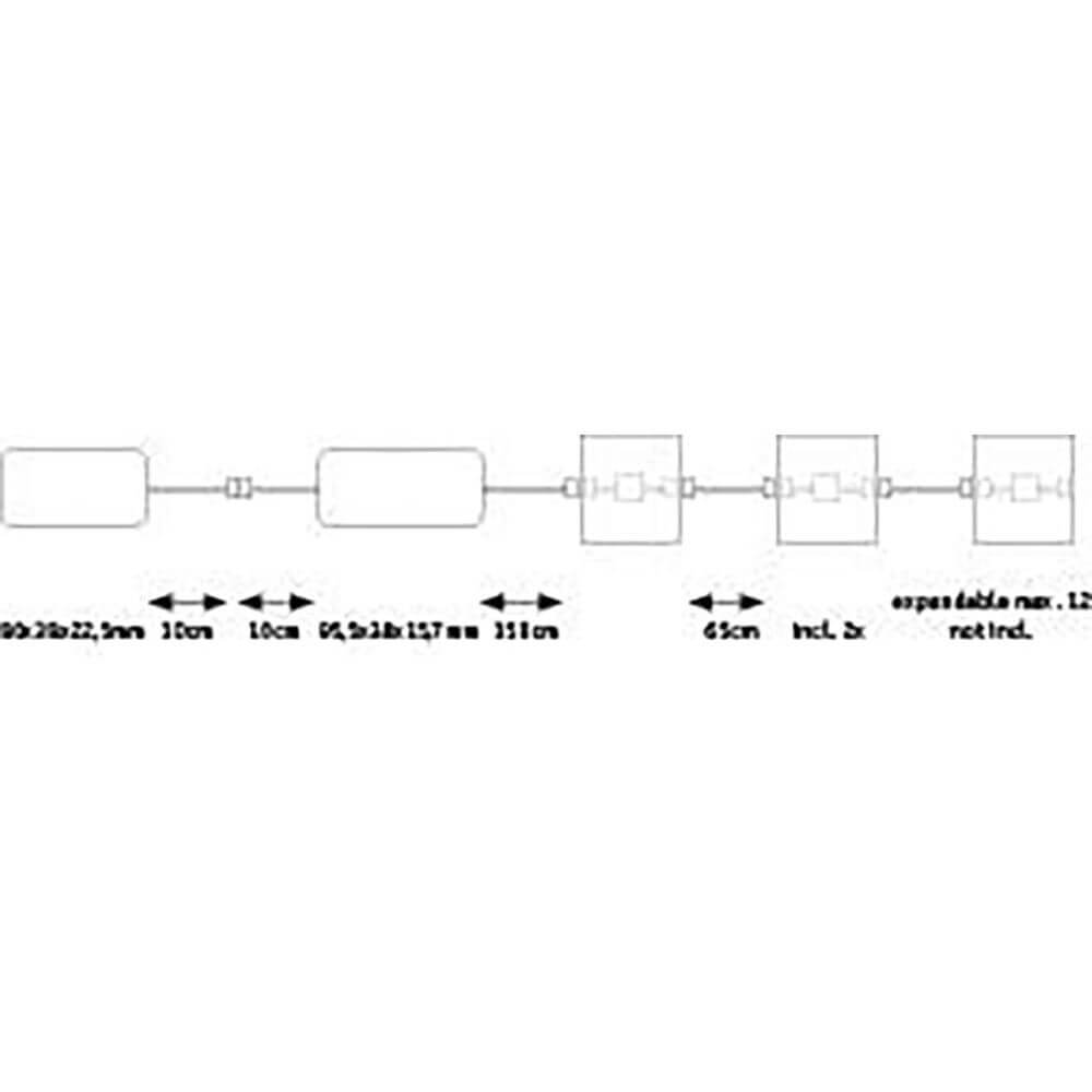 Schema-Diagramm der Komponenten für ein technisches System mit Maßangaben und Verbindungen.