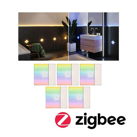 LumiTiles LED Fliesen Square 5er-Set Metall Kunststoff in moderner Badezimmergestaltung mit RGBW Beleuchtung.