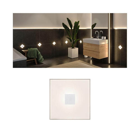 LumiTiles LED Fliesen Square Einzelfliese Dimmbar Metall Weiß im modernen Badezimmer mit dimmbaren Lichteffekten.
