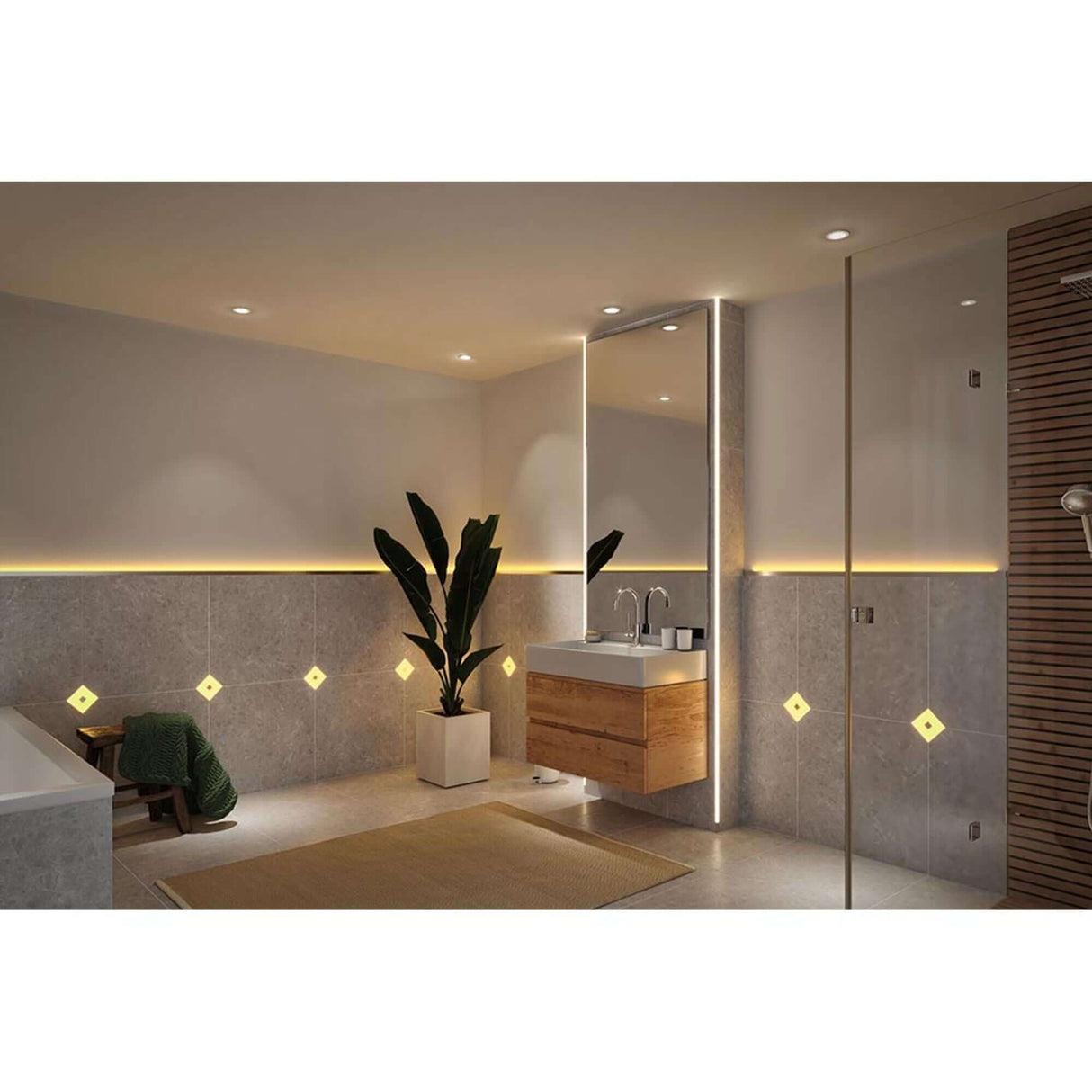 Moderne Badezimmergestaltung mit LumiTiles Zubehör Smart Home Zigbee Touch-Modul für stimmungsvolle Beleuchtung.