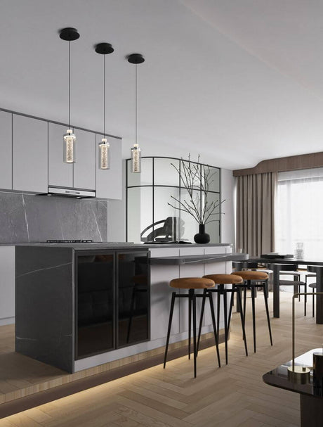 Modern kitchen with Lune LED pendant light Ø 12 cm 3000K black, chrome above the dining table.