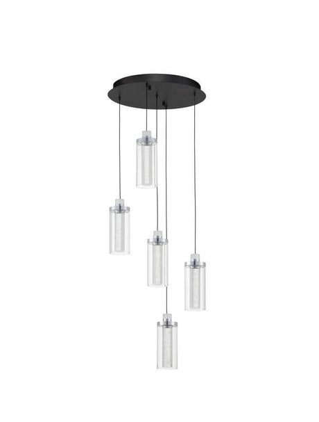 Luna LED 5-pært pendel Ø 34cm 3000K sort, krom med glas lampeskærme og sort tagbeklædning.