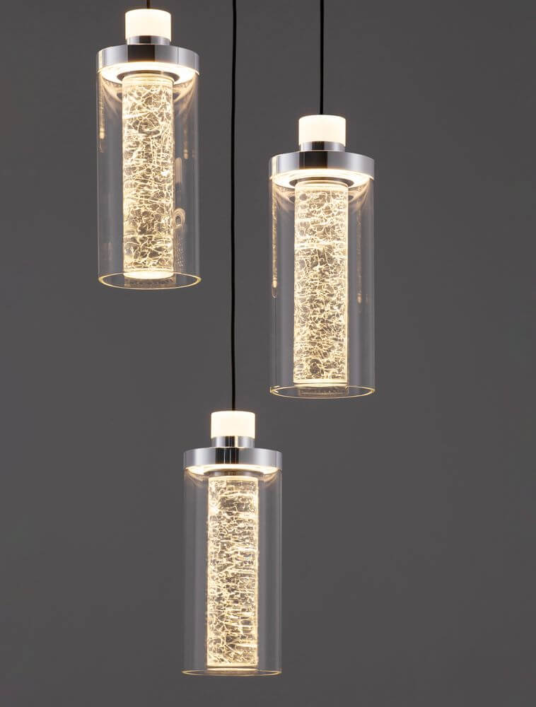 Lune LED Pendelleuchte 5-flammig Ø 34cm 3000K Schwarz, Chrom mit stylischen Glasschirmen.
